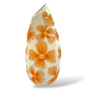 Vintage Ceramic Vase Handmade 1987 Joan Muss Cream Orange‎ Flowers Lava Textured